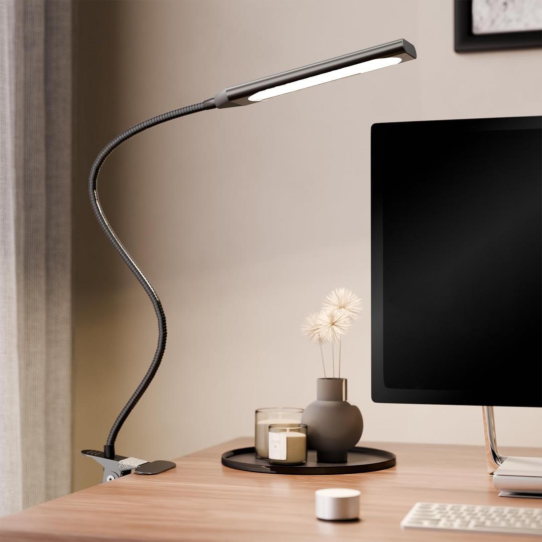 Desk Lamp Clip on LED Desk Lamp 3 Color Modes 14 Brightness Dimmable Table Lamp Metal Clip 360° Adjustable Flexible Arm Portable Reading Lamp, Suit for Reading/Studying/Working Black