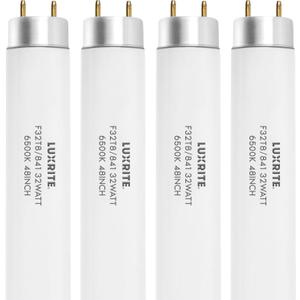 LUXRITE F32T8/865 48 Inch T8 Fluorescent Tube Light Bulb, 6500K (4-Pack)
Daylight, 32W, 2800 Lumens, G13 Medium Bi-Pin Base, Model LR20735, 13,000-Hour Life, 120V, CRI 80, Glass Tubular
