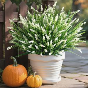 Ivydale Artificial Plants Fake Flowers Monkey Grass for Outdoors,UV Resistant Realistic 10PCS White Faux Greenery Shrubs Outside Decor for Home Garland Porch Patio Balcony Planter Yard Office Pathway