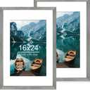 Hongkee 16x24 Frame Set of 2, Rustic Grey Wood Style - Display 16 x 24 Picture without Mat or 12x18 Picture with Mat, Wall Mounting Horizontal and Vertical