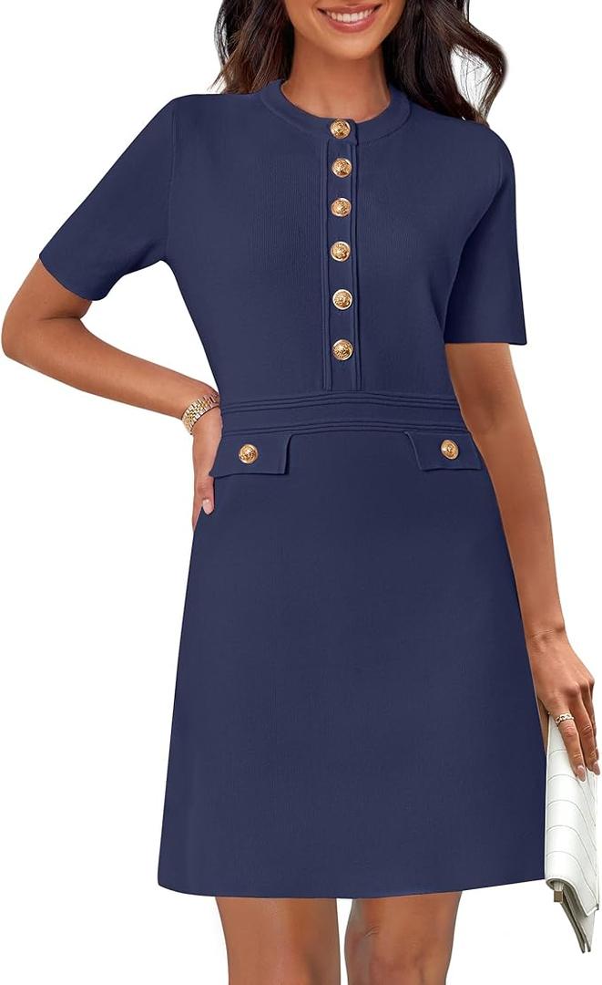 MEROKEETY Women's Knit Bodycon Sweater Dress Button Short Sleeve Crew Neck Elegant Formal Mini Dress (Large, Black)