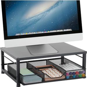 Small Laptop Stand for Desk, Monitor Stand Riser, Office Desk Accessories, Computer Desktop Stand with Drawer for Home, Office, School (Black)