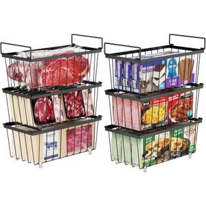 iSPECLE Freezer Storage Bins - 6 Pack Small Stackable Deep Freezer Organizer Bins for Most 7 Cu.FT Chest Freezer Sort Frozen Food, Freezer Basket with Handles Easy to Get Food from Bottom, Black