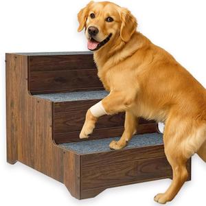 Furniture Dog Stairs for Large Dogs, Wooden Wide Pet Steps, Non-Slip 3-Step Stable Dog Ladder for High Bed, Couch, Sofa Upgraded Solid Stair for Senior, Injured, Recovering, Short-Legged Pets, Walnut