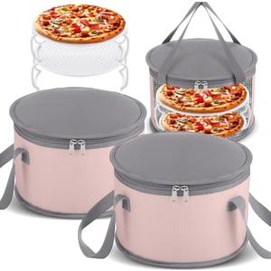 Reallnaive 2 Sets 11" x 7" Round Pie Carrier with Insulated Casserole Carriers with Lid and Detachable Handle Reusable Insulated Lunch Cooler Bag for Picnic Thanksgiving Christmas(Dusty Pink)