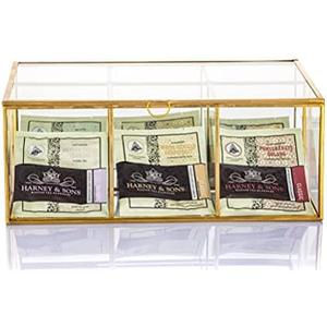 NCYP Glass Tea Bags Organizer Box, 11.4" x 7.1" x 4.5" Coffee Bag Storage Box, 6 Grids Compartments Handcrafted Brass Jewelry Counter, Display Case, Handmade (Glass Box Only)