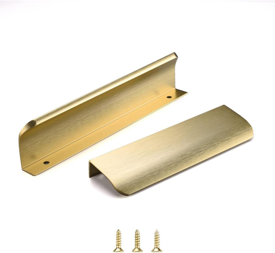 Satanga 5Pack Edge Finger Pull for Cabinets Kitchen Concealed Aluminum Flat Hidden Bar Pulls Drawer Pulls Easy to Install 4.72inch 120mm Overall Length Brushed Brass