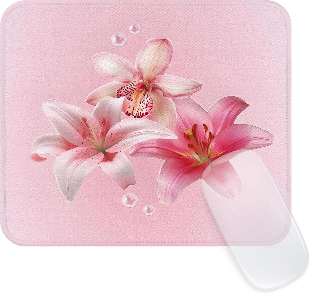 2 x Seorsok Cute Aesthetic Big Lily Flowers Mouse Mat,Premium Textured Mouse Pads for Office Laptop,Washable Square Mousepads with Extended Stitched Edges Non Slip Rubber Base 9.5"x7.8"x0.07" Inch,Pink