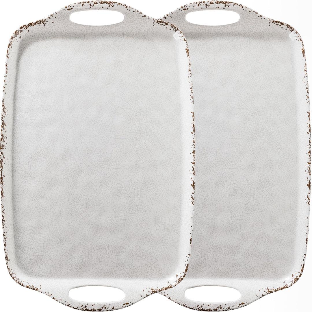 Farmhouse Melamine Serving Tray with Handles, Set of 2, 19"x12" Extra Large Rectangular Turkey Serving Platter, Serving Food Trays for Entertaining, Christmas,Thanksgiving,Party, Ivory