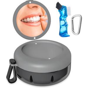 Denture Bath Case, Denture Cup, Leak-Proof Portable Retainer Case, Denture Cleaning Kit with Cleaner Brush, Denture Box with Strainer & Mirror, Denture Case for Aligner Retainer Mouth Guard (Gray)