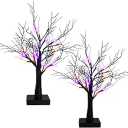 Dazzle Bright 2 Pack 20 Inch Orange & Purple Lighted Halloween Birches Tree Decor, 24 LED Battery Operated Halloween Decorations Artificial Black Spooky Tree with Timer for Indoor Home Party