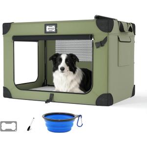 36 Collapsible Dog Crate, Soft Foldable Pet Kennel with 3-Door Mesh Windows, Soft Warm Blanket and Foldable Bowl, Indoor & Outdoor Portable Travel Crate, Green