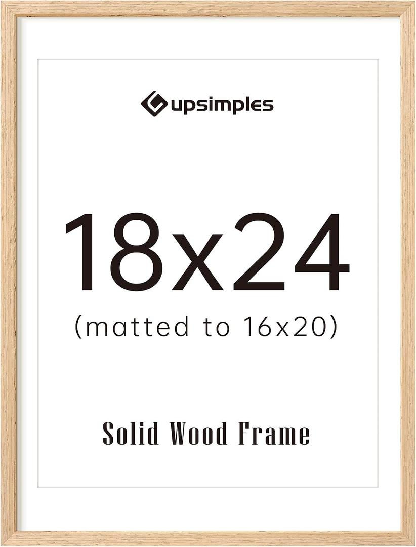 upsimples 18x24 Frame, Natural Solid Wood Picture Frames, Display 16x20 with Mat or 18 x 24 Without, Vertical & Horizontal Wall Hanging, 1 Pack, Natural