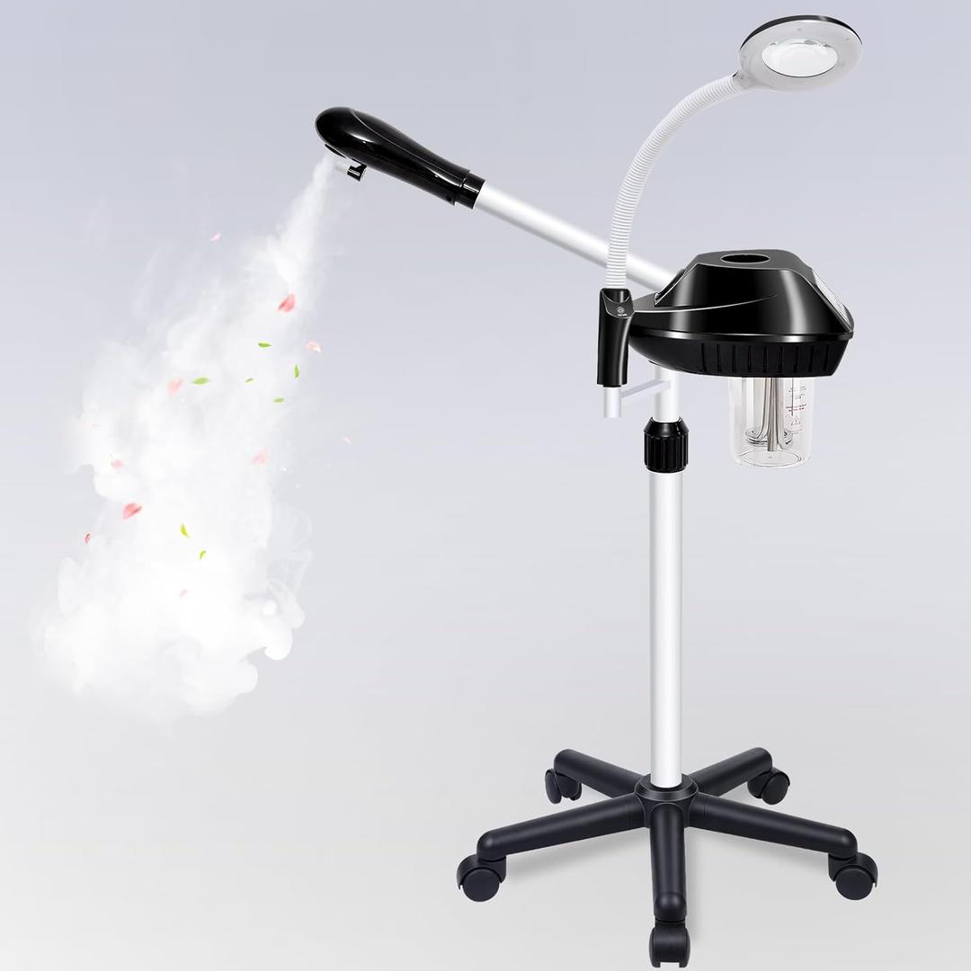 Professional Facial Steamer, 2 in 1 Face Steamer on Wheels, with 5X Magnifying Lamp, Facial Steamer with Time Setting, Stand Face Steamer Adjustable Height for Spa, Salon and at Home use (Extra Large)