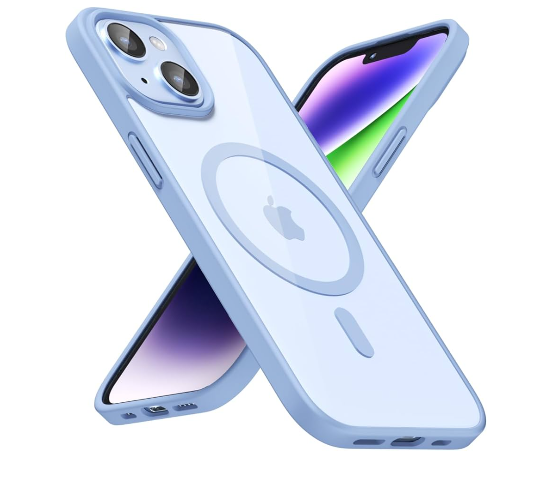 for iPhone 14 Case Clear Mag Safe, Ultra Thin Slim Cover Magnetic Compatible with Magsafe Phone Case for Women Men Girl, Cute Soft TPU Silicone & Transparent Hard Plastic, Light Blue