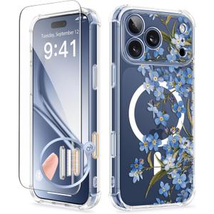 GVIEWIN for iPhone 17 Pro Case Compatible with MagSafe, with Screen Protector Upgraded [Full Camera Protection] [Non Yellowing] Floral Slim Shockproof Clear Women Phone Cover (Aconite/Blue)