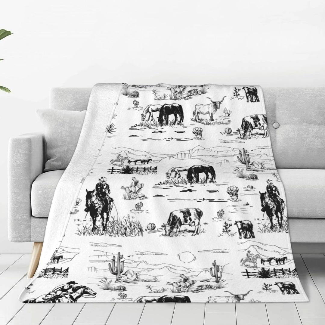 White Black Cowboy Cow Print Western Fleece Throw Flannel Blanket Soft Cozy Warm Decor Throws Lightweight Blankets for Camping Outdoor Couch Sofa Bed Chair 60x50 inches