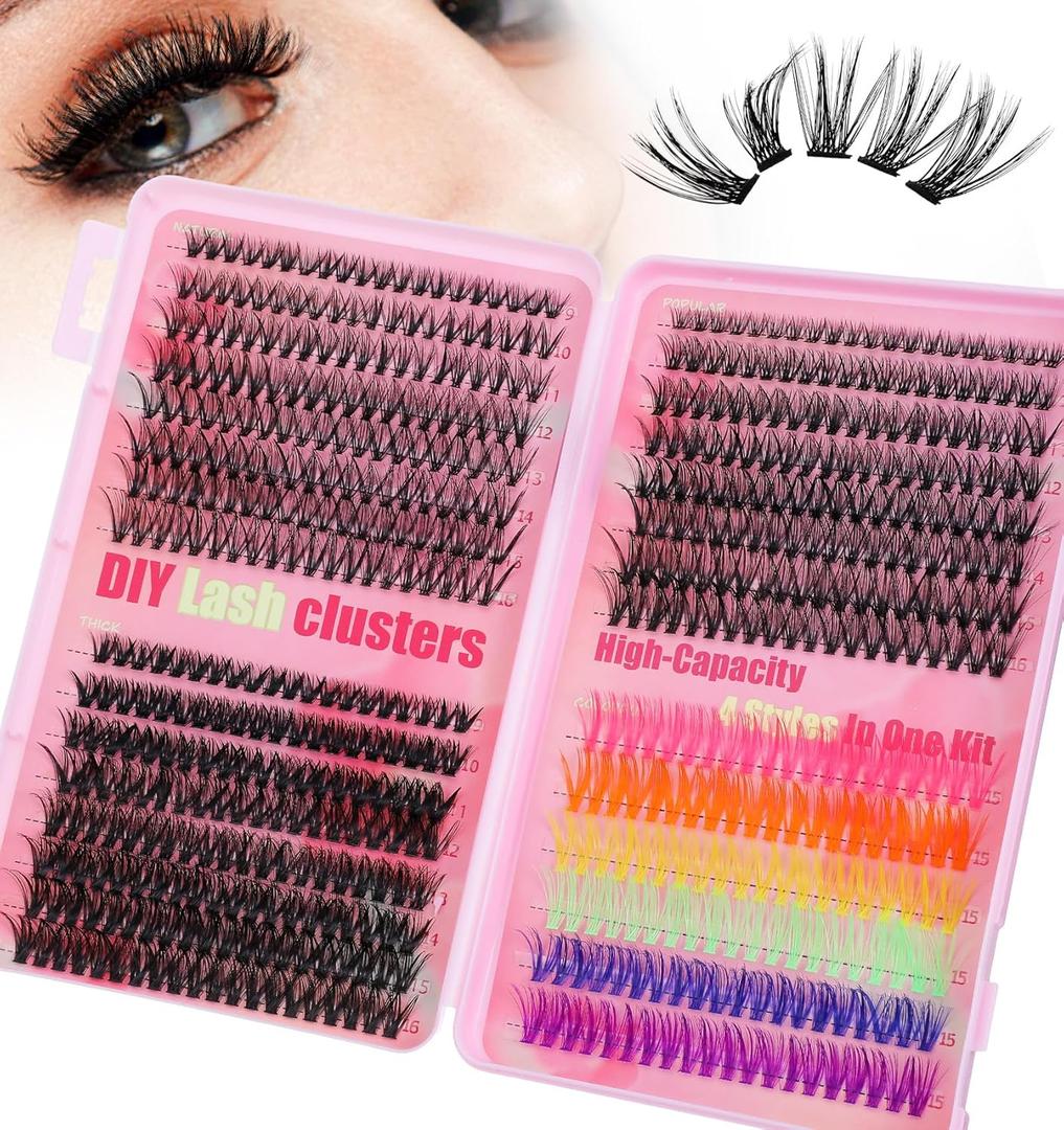 600 Pcs Color Lash Clusters, Colorful Lash Clusters Fluffy with D-Curl Volume, DIY Colorful Lashes Cluster for Home Salon & Party