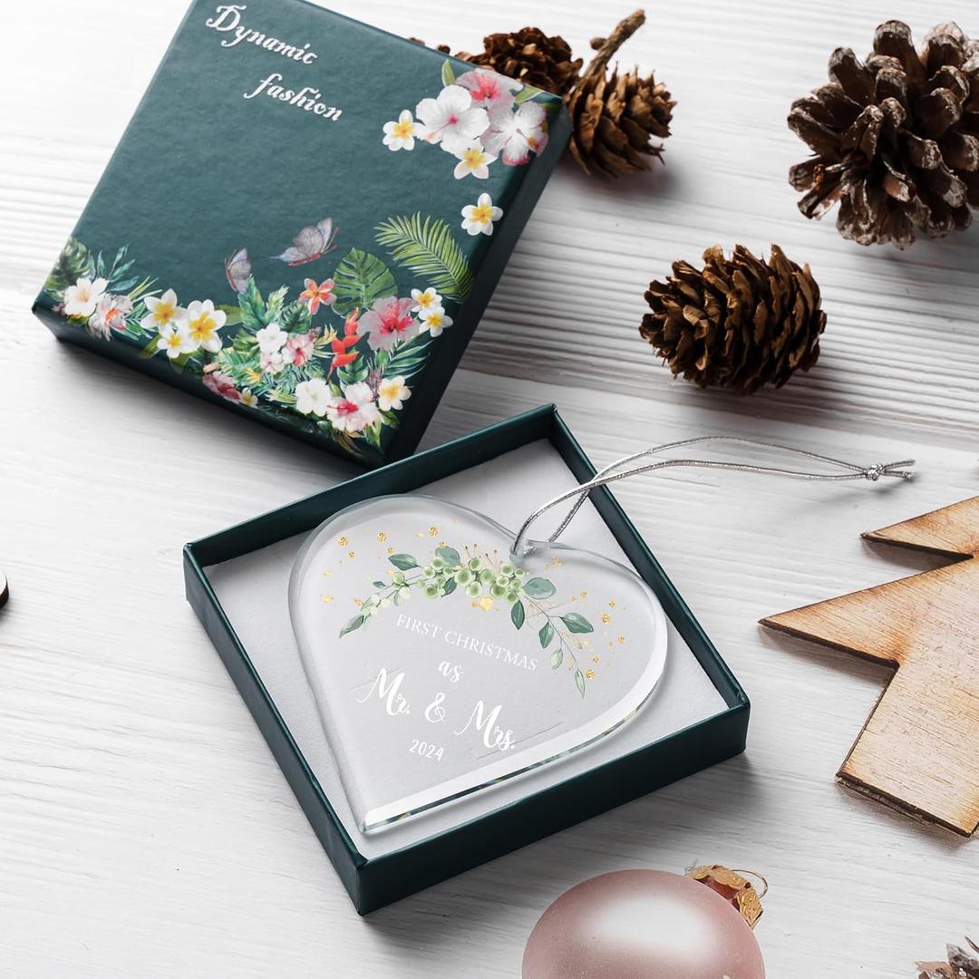 Wedding Gifts for Couple Christmas Ornaments Tree Hanging Decoration Newlywed Married Christmas 2023 Our First Christmas as Mr. and Mrs. Ornament (Glass Green Leaves)