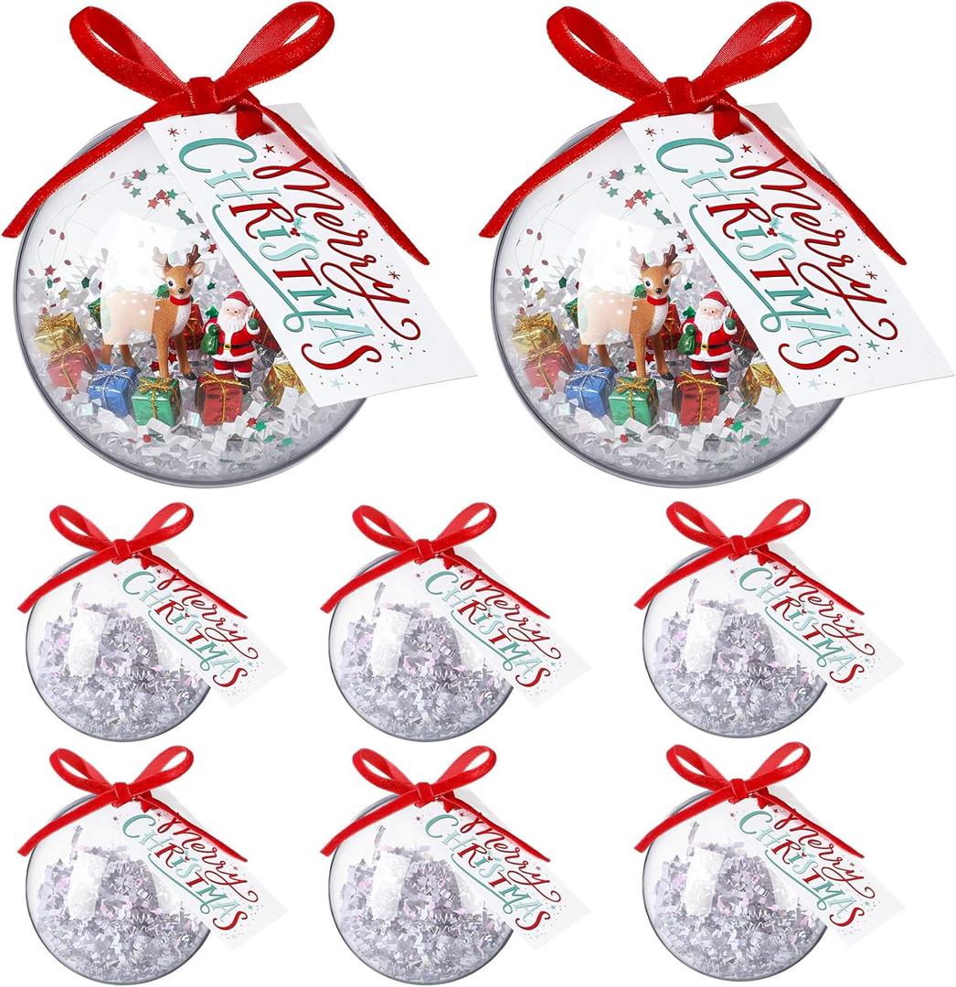 Soulchen 8 Sets Clear Plastic Fillable Ornaments 3.54 Inch Ornament Balls with Merry Christmas Tags Ribbon Raffia for Xmas Personalized Gifts DIY Holiday Decorations