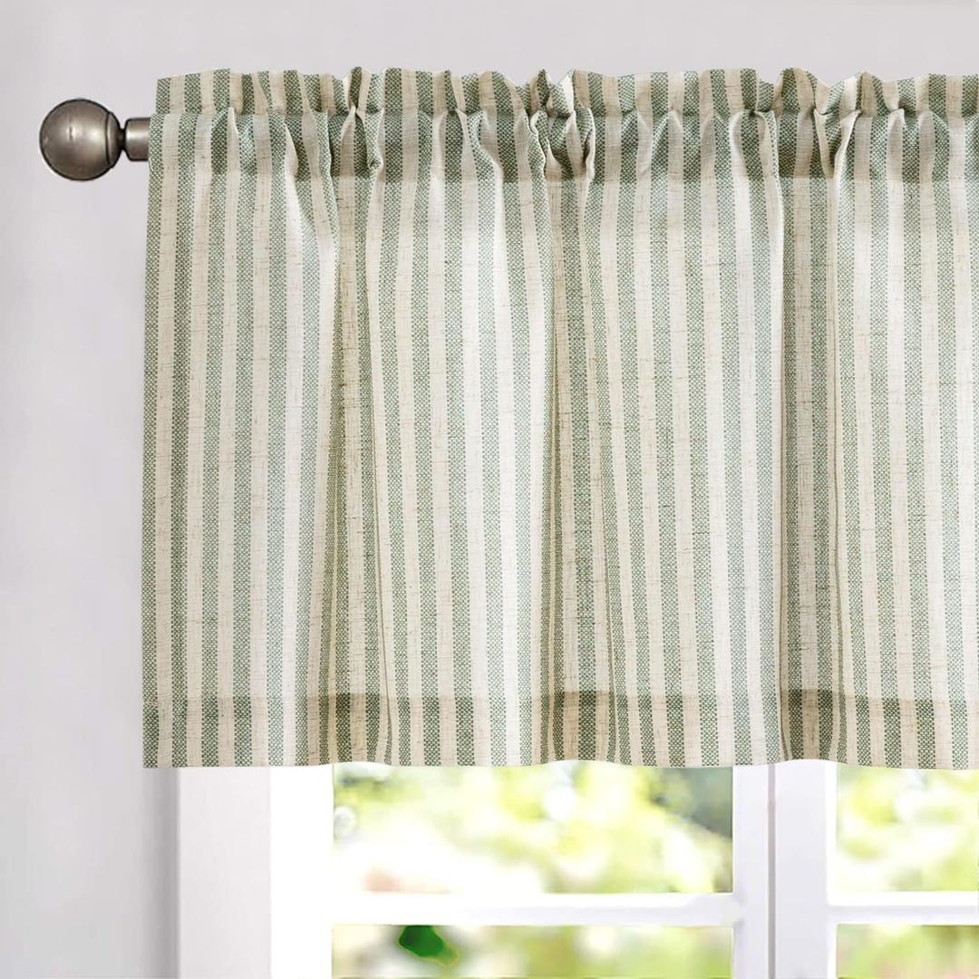 Vangao Kitchen Valance Linen Stripe Short Farmhouse Country Rustic Tickingstripe Light Filtering Rod Pocket Window Topper Treatments 16 Inch 1 Panel Green on Beige