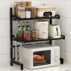 Extendable Microwave Oven Rack, 3-Tier Adjustable Microwave Shelf with 8 Hooks, 14.2 ''- 24.4 '' L Microwave Stand Countertop, Kitchen Over Microwave Shelf with Suction Cup Foot, Microwave Rack Black