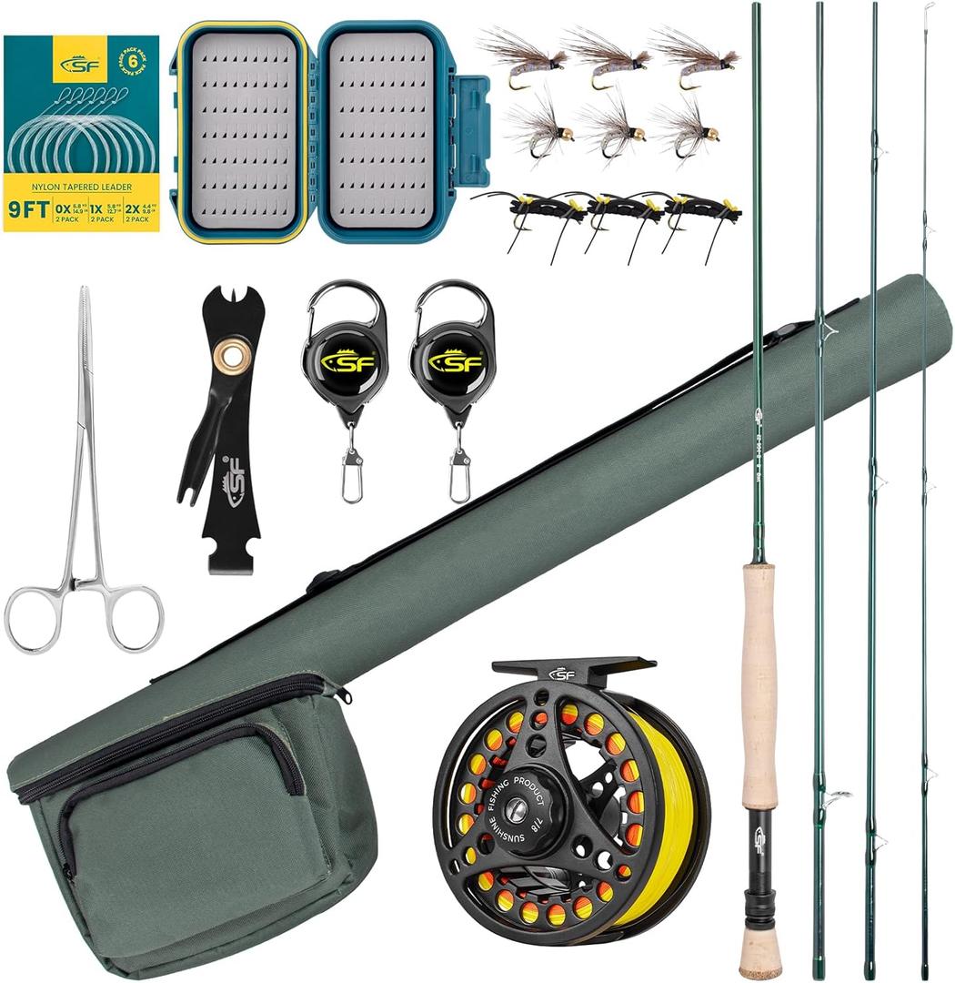 SF Fly Fishing Rod Combo Starter Kit Semi Gloss Green Jade Finish 24T Carbon Fiber Trout Travel Fly Rod with Reel,Fly Rod case,Fly Box , Flies,Tapered Leader,Knot Tying Tools (9', 8wt, 4sec, M.F)