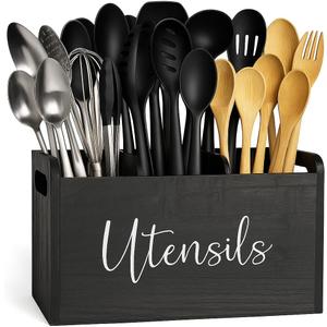 Kitchen Utensil Holder for Countertop  Black Wood 3-Compartment Utensil Organizer & Caddy with Drain Holes, Farmhouse Countertop Storage for Spatulas, Spoons, Tongs, Whisks (11.8x4.7x6.7)