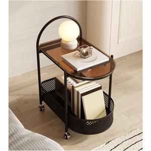 2 Tier Rolling Side Table, Metal Coffee Sofa Side End Table,Handle Utility Cart, Bed Side Table With Wheels Night Stand, Serving Cart,Drink Cart, For Living Room, Bedroom, Bathroom