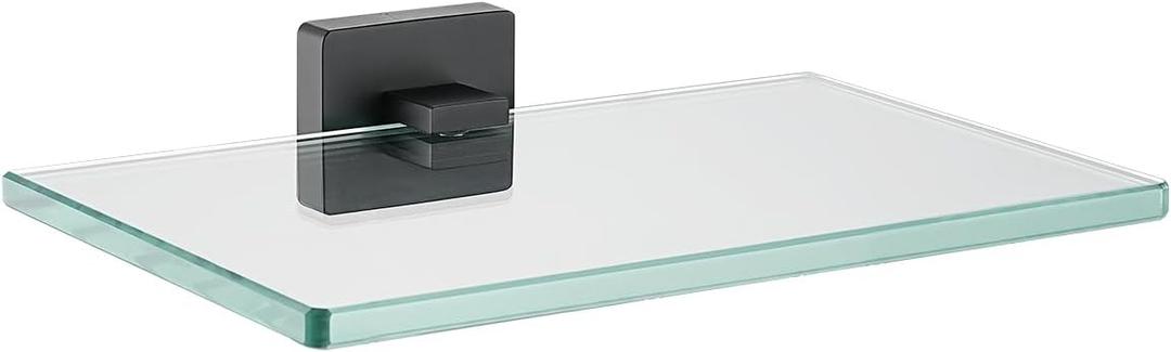 JQK Bathroom Glass Shelf Black, Tempered Glass Shower Storage 8 by 5 inches, 304 Stainless Steel Matte Black Wall Mount, TGS201L8-PB