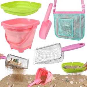 Beach Toys, 5PCS Sand Toys with Collapsible Beach Bucket, Sand Sifter and Shovel, Beach Mesh Shovel with Seashell Bag for Shell Collecting, Shark Tooth Sifter for Kids Adults Boys Girls