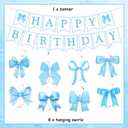 Blue Bow Happy Birthday Banner and Hanging Swirls Coquette Bow Party Decorations for Girls Women Bow Theme Birthday Party Supplies