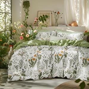 Bedsure Duvet Cover King Size - 100% Cotton Reversible Floral King Duvet Cover Set with Zipper Closure, 3 Pieces Soft & Breathable Green Bedding Set with 2 Pillow Shams 20"x36" (05 - Green (No Comforter))