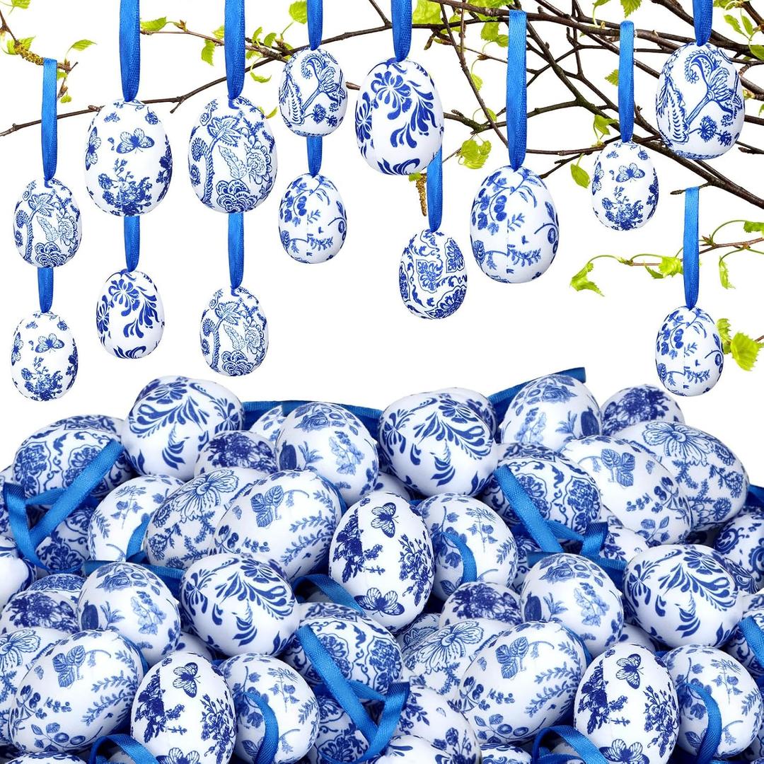 Liliful 36 Pcs Easter Hanging Egg Ornament Blue and White Egg Hanging Tree Decorations Chinoiserie Decorative Eggs Foam Baubles for Easter Tree Spring Farmhouse Ornament Basket Filler