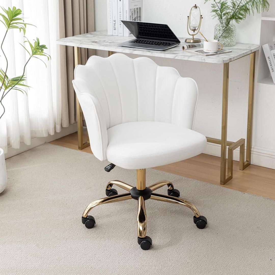 Swivel Office Chair, Modern Home Office Desk Chair, Velvet Shell Back Vanity Chair with Golden Metal Base, Height Adjustable Upholstered Cute Task Chair, Ivory
