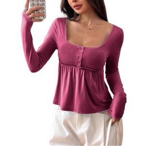 SOLY HUX Women's Babydoll Tops Long Sleeve Henley Shirts Cute Square Neck Coquette Peplum Top Dusty Pink Small