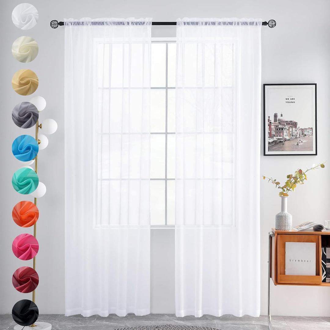 youleyar Sheer Rod Pocket Curtain Voile Draperies 2 Panels White Beige Black Grey Coffee 52 Inch Width 63 Inch Long 1 Pair for Kitchen Bedroom Children Living Room Yard (Optical White,52W63L)