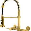 Wall Mount Kitchen Faucet, 8 Inch Center Wall Mount Kitchen Sink Faucet with Pull Down Sprayer, Commercial Brushed Gold