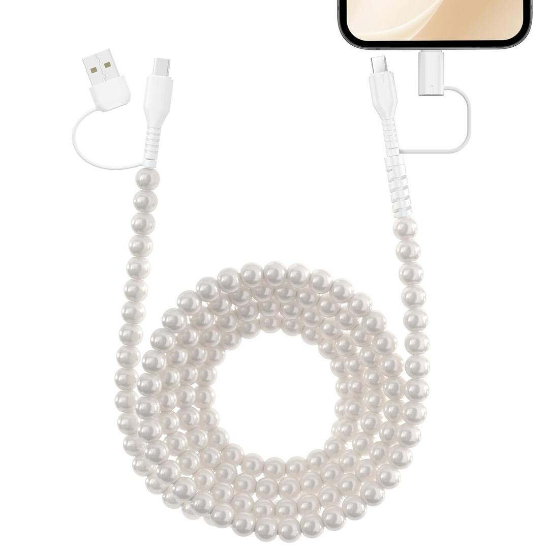 4 in 1 USB C Cable 6FT 2M Beaded Multi Charging Cable [MFi Certified] Pearl iPhone Charger Cord USB A/Type C to Type C/iPhone Multi Fast Charger Cable for iPhone 17 16 15 14 Pro Max for Galaxy S25 S24 (White Round Beaded)