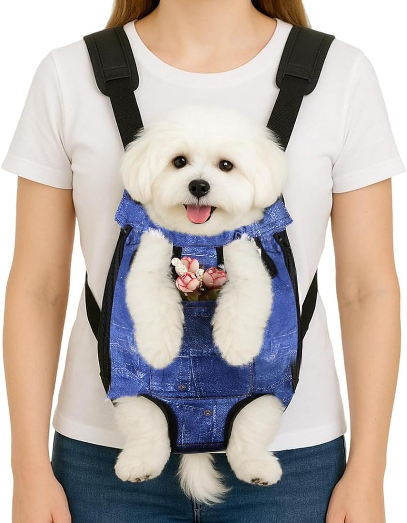 Dog Backpack Carrier, Front Pocket for Essentials, Legs Out Carrying Sling Travel Bag for Small Medium Dogs 2.5-4 Lbs, Soft Wearable Puppy Chest Carry Backpacks for Walking/Hiking/Camping/Traveling, Small (Denim Print Fabric)