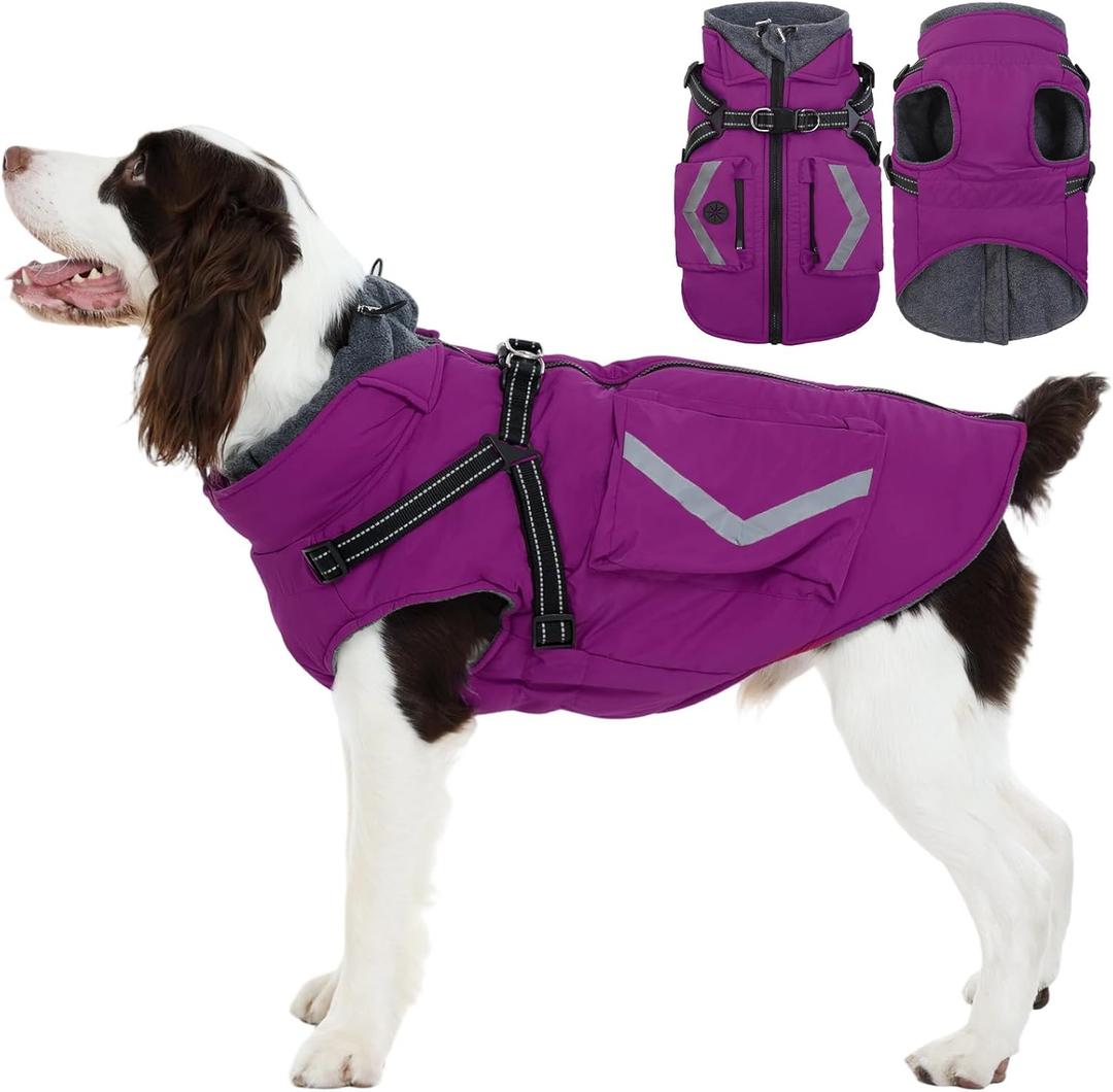 FUAMEY Dog Coat Zipper on Back, Fleece Lined Dogs Jacket for Winter with Harness Built-in, Insulated Clothes Large Doggy Cold Weather Outfits with Pop Bag Pockets, Staffordshire (Violet, L)