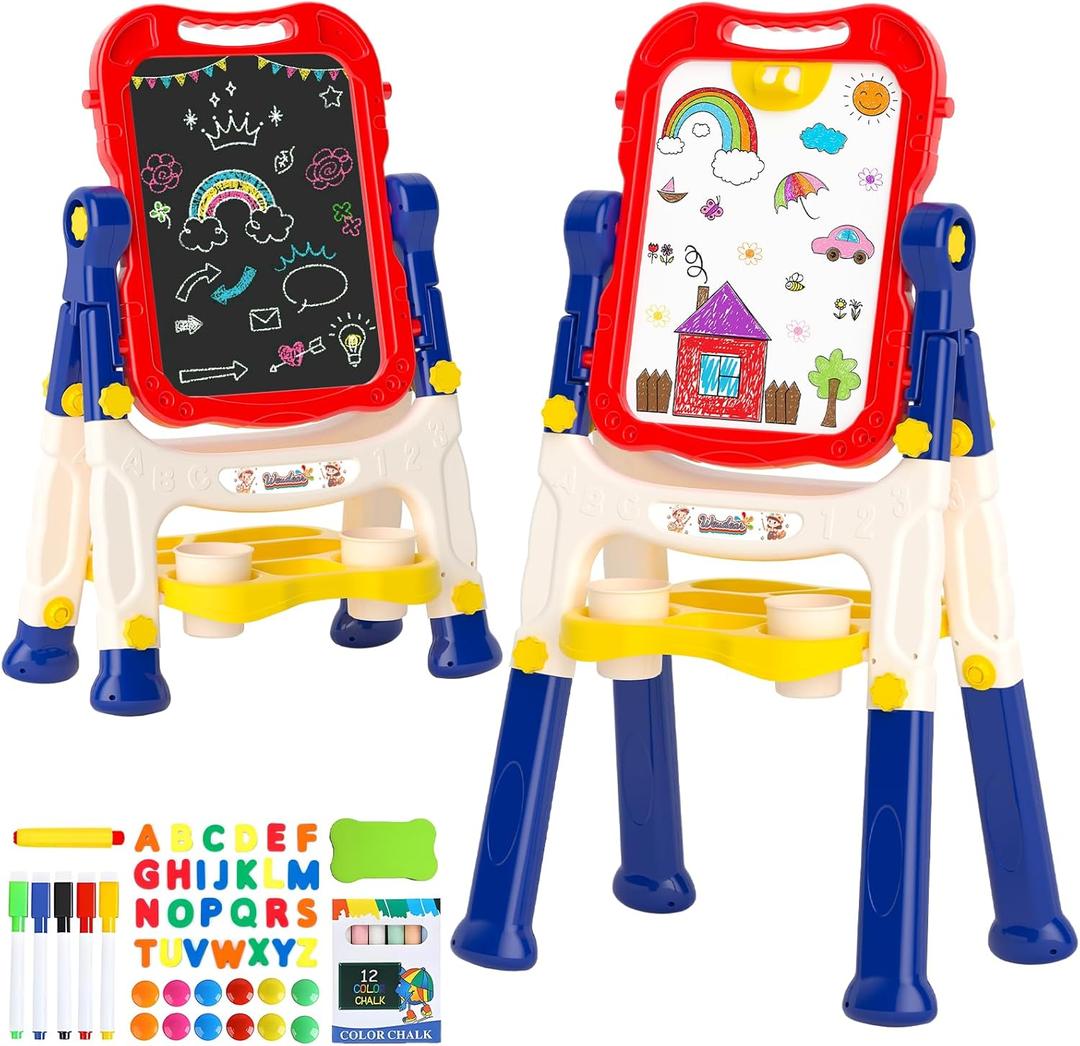 Chalk Board Easel for Kids Toys,Double-Sided Magnetic Kids Chalkboard and Dry Erase Boards,Toddler Toys for 3 Year Old Boy Gift,Art Easel Learning Educational Toy for 3 4 5 Years Old Boys Gift (Blue)