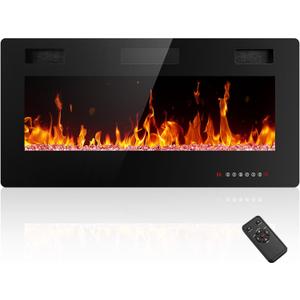 Electactic Electric Fireplace 36 inch, Recessed and Wall Mounted Electric Fireplace with Remote Control, Fireplace Heater, Linear Fireplace with Timer, Adjustable Flame Color, 750w/1500w, Black