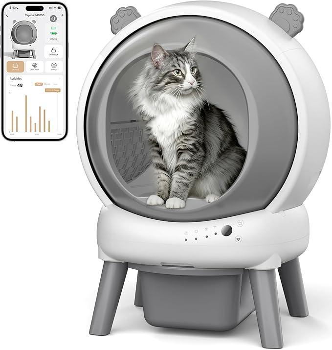 Self Cleaning Litter Box for Multiple Cats, Automatic Litter Box with APP Real-Time Monitor, Dual Safety Protection, Odor-Free Waste Disposal Includes Trash Bags, Gray