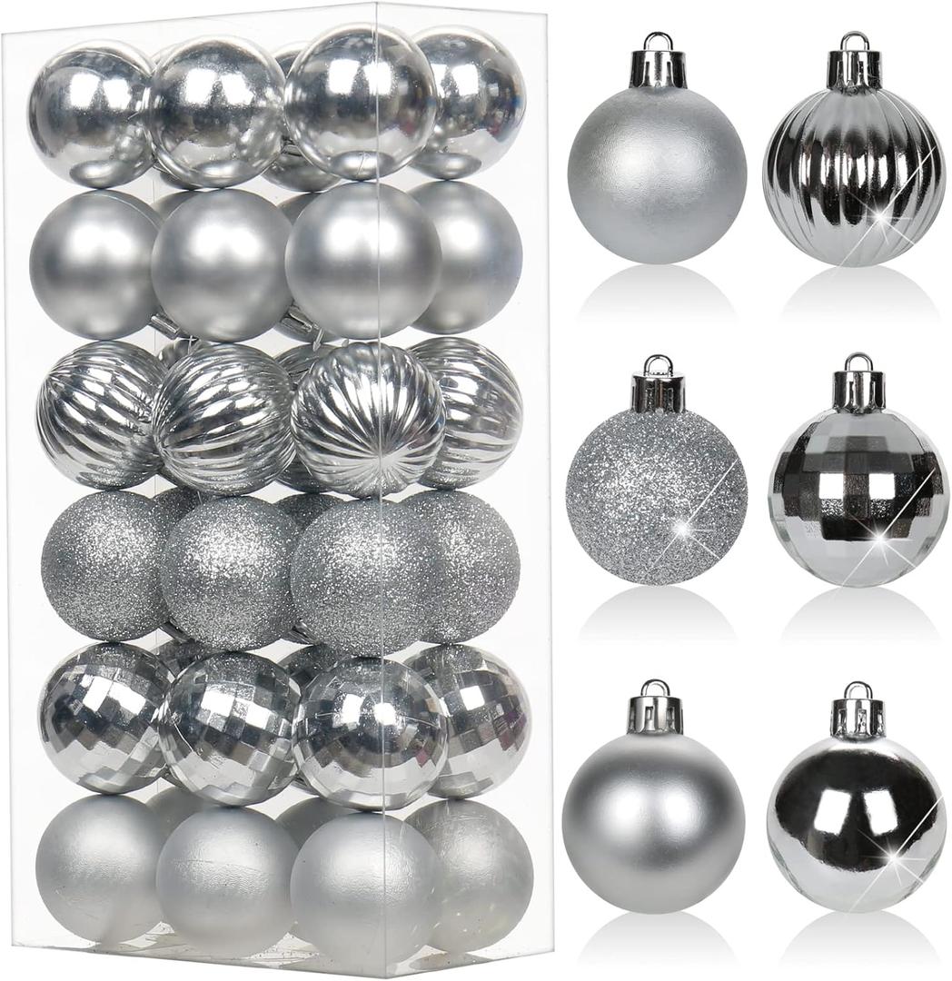 Hollyone 1.57" Silver Christmas Ornaments - 36 Pcs Mini Shatterproof Balls - Christmas Tree Decorations - Small Xmas Ornaments with Hanging Loop - Wedding, Party, Home Decor