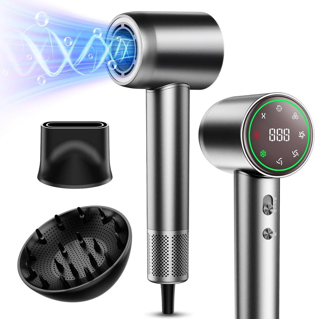 Hair Dryer, 160000 RPM High-Speed Ionic Low Noise Blow Dryer with Brushless Motor for Fast Drying, Thermo-Control Quiet Hair-Dryer with Diffuser and Nozzle for Home Travel Salon (Sliver)