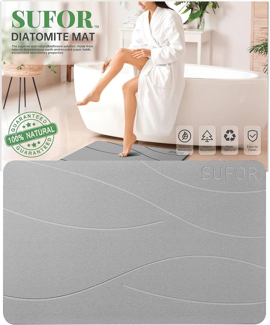 2Pack Stone Bath Mat, Diatomaceous Earth Shower Mat, Non-Slip Super Absorbent Quick Drying Bathroom Floor Mat, Natural, Easy to Clean (Milky Grey, 23.62 * 15.43)