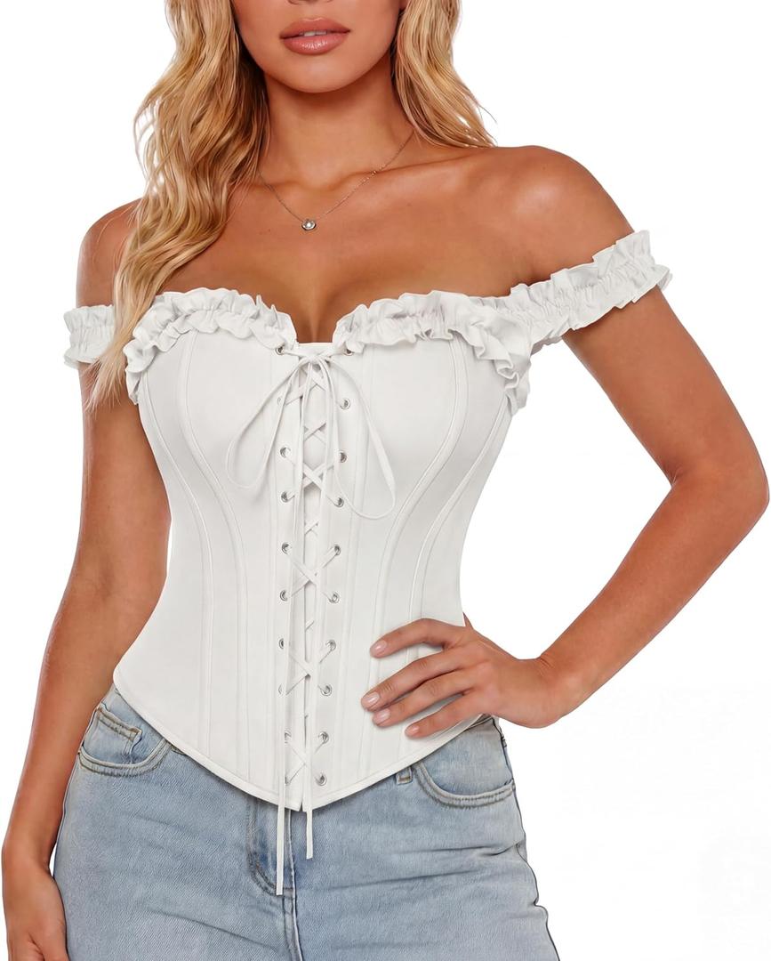 Scarlet Darkness Corset Tops for Women Lace Up Overbust Corset Ruffle Bustier Top (White, M)