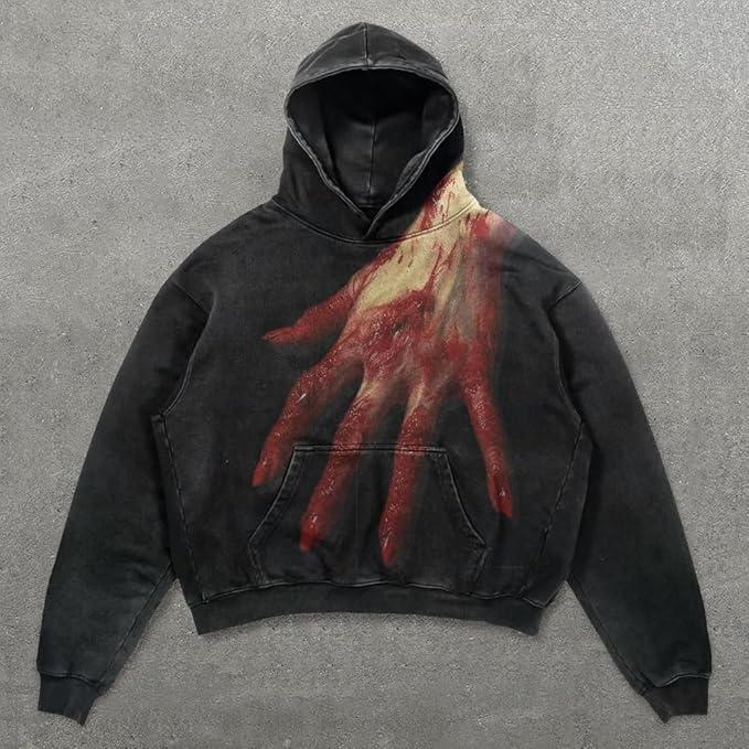 Obenie Halloween Y2K Hoodie Gothic Casual Palm/Spider Blast Print Pattern Skull Fashion Hoodie Men Harajuku Men Clothing, Small 