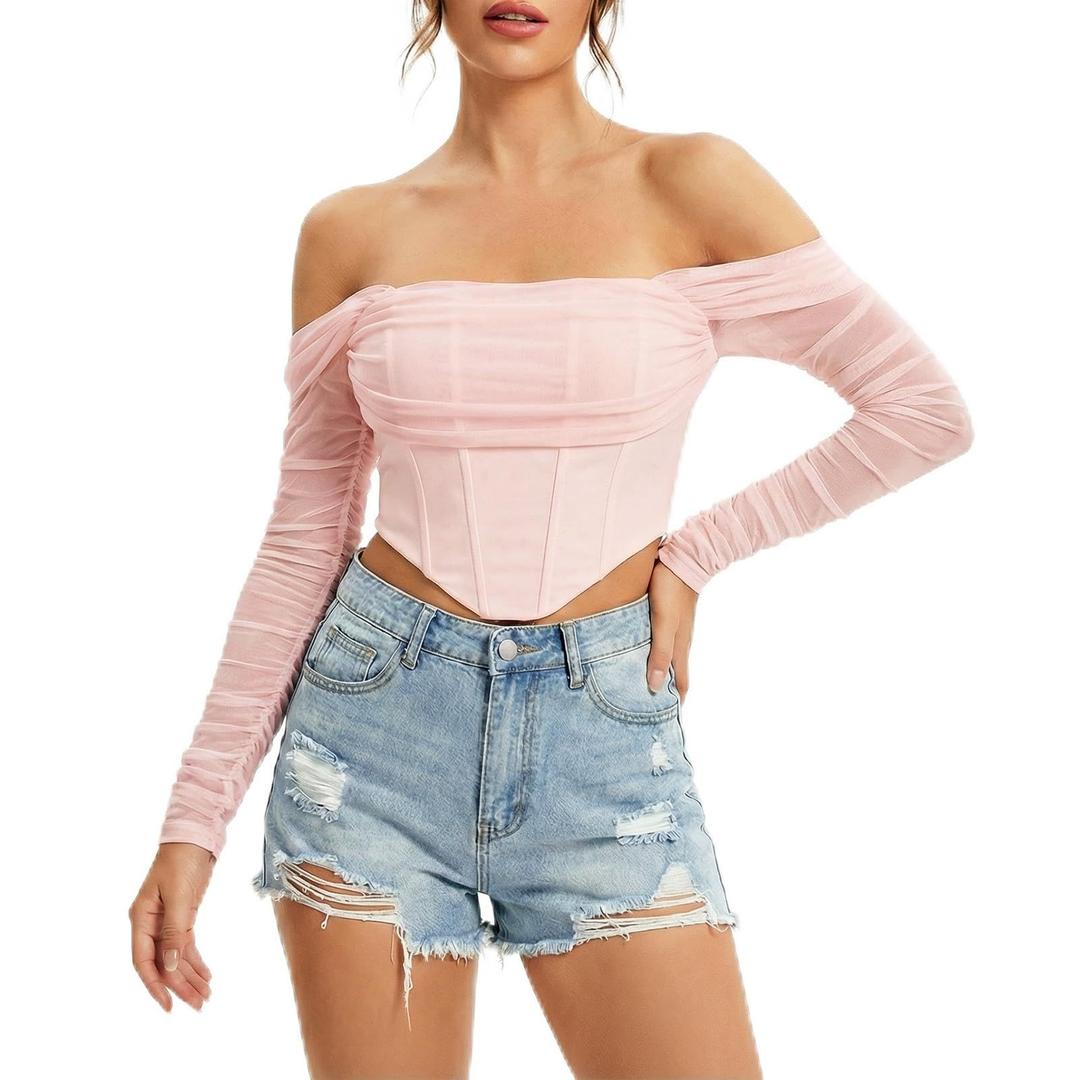 JSXZMMSM Womens Corset Top Sexy Strapless Long Sleeve Mesh Boned Bustier Party Going Out Concert Tops (US, Alpha, Small, Regular, Short, Pink) (Pink, S)